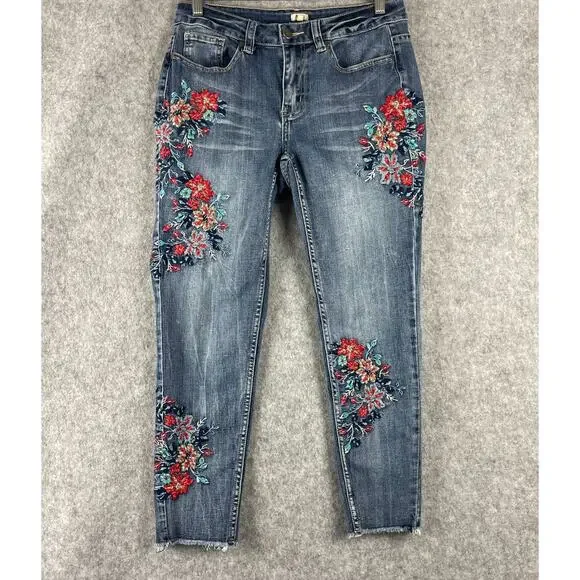 Reba Embroidered Skinny Jeans Womens 6 Floral Raw Hem Cropped Medium Rise Boho - Picture 1 of 13